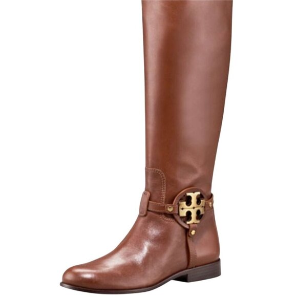 Tory Burch Aaden Riding Boots Cognac Leather Gold Logo Zip Closure Size 6M - Picture 1 of 16
